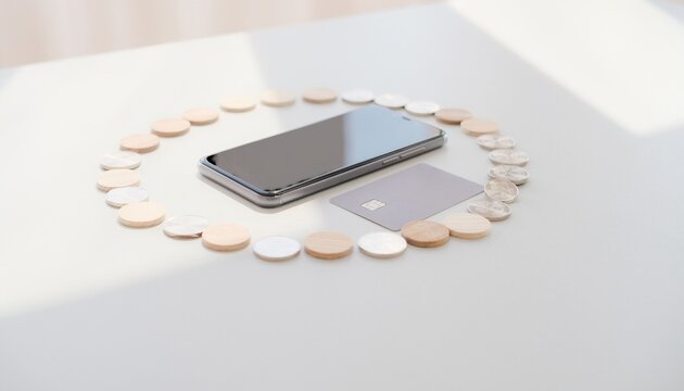 Smartphone and bank card inside a coin circle for recurring payments