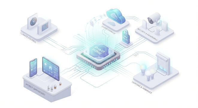 Isometric smart home automation system connecting climate control, mobile dashboard, cloud storage, security monitoring, and lighting ambience
