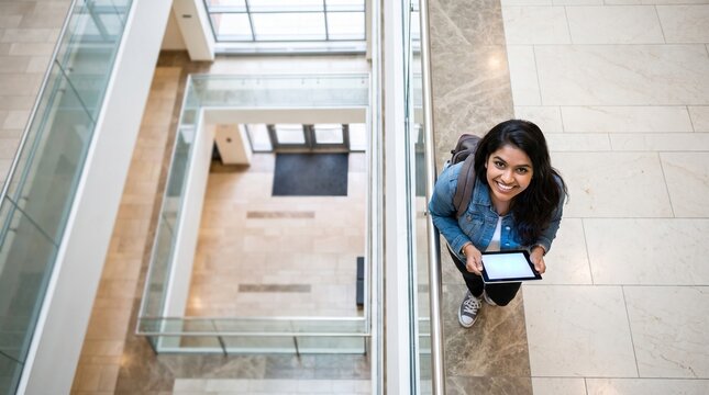 Young indian student smiling and carrying backpack and digital tablet in a modern university campus building