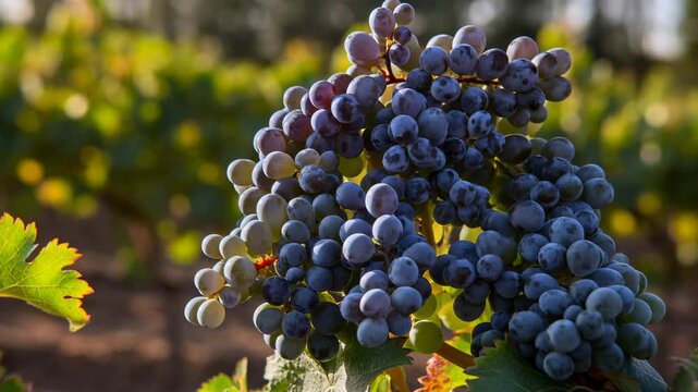 Green grape cluster gradually changes from pale green to deep purple on sunlit vine, showing visible color transformation among leaves with warm backlight and softly blurred vineyard background