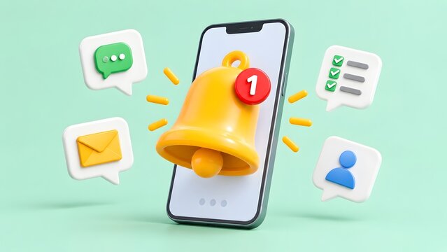 3D rendering of a smartphone with a prominent yellow notification bell and various app icons floating around, illustrating digital alerts, messages, and mobile communication.