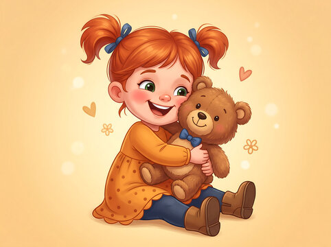 Cute little girl with red hair happily hugging a brown teddy bear cartoon illustration