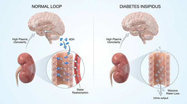 Normal Loop vs Diabetes Insipidus Kidney Water Loss Diagram