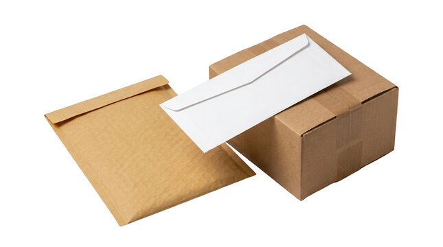 Cardboard box with a white envelope and a padded mailer on a white background