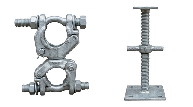 Construction scaffolding clamp and adjustable screw jack isolated on white background
