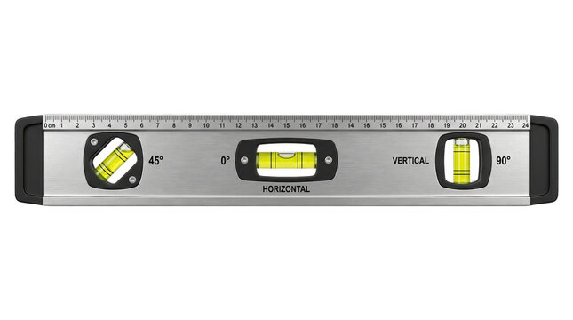 Close up of a metal spirit level tool showing horizontal vertical and 45 degree bubble vials on a white background
