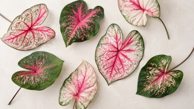 Variegated caladium leaves with pink centers, white veins and green margins arranged in a decorative flat-lay on a light background