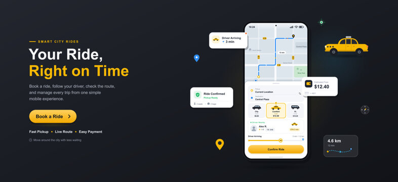 Taxi booking landing page with smartphone interface, city route map, live driver tracking, fare estimate and ride confirmation. Yellow cab and location pins on a dark background. Vector graphic.