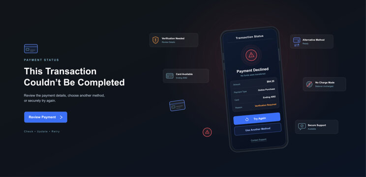 Payment declined landing page with smartphone banking interface, transaction error alert, card verification and retry options on a dark background for online financial services. Vector graphic.