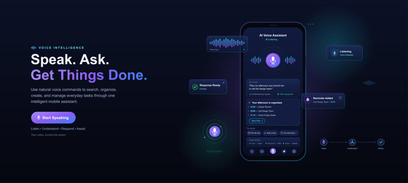 AI voice assistant landing page concept with smartphone mockup, voice waveform, microphone button and reminder cards on a dark neon background. Voice assistant app interface. Vector graphic box