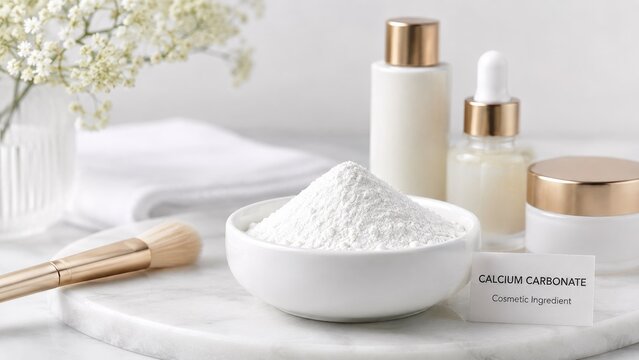 Bowl of white calcium carbonate powder with skincare bottles, dropper, cream jar, brush, towel and flowers arranged on a marble tray