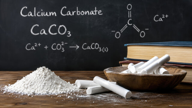 Chalk sticks and calcium carbonate powder on a wooden desk with textbooks and a chemical formula written on a chalkboard
