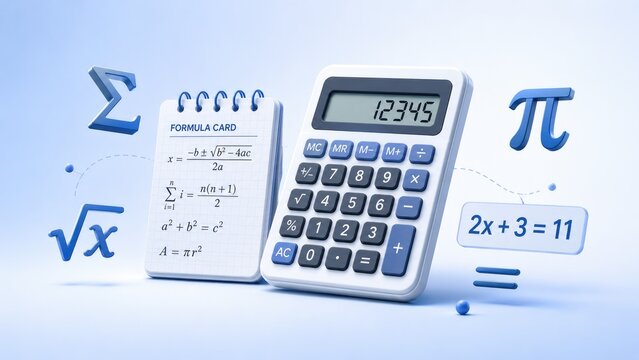 Blue-themed calculator with formula card, math symbols and algebra equation in a clean 3D study concept