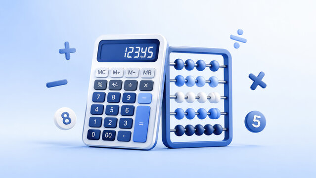 Blue calculator and abacus with math symbols and numeric balls on a light background, evoking arithmetic, education, and finance