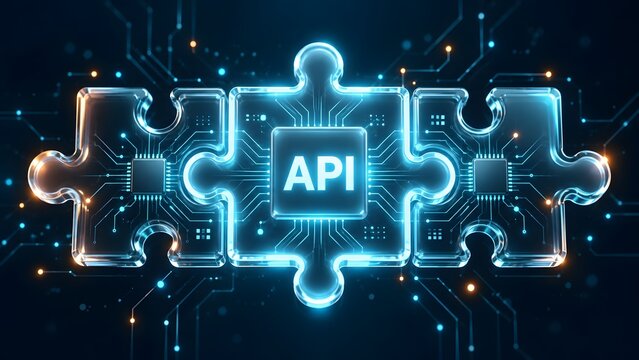 Three interconnected glowing blue puzzle pieces with a central API microchip illustrating seamless software integration and digital connectivity