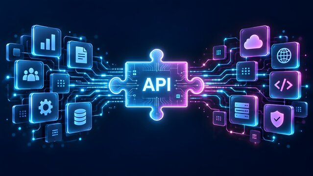 Futuristic API connection concept with glowing puzzle pieces linking two networks of digital icons representing software integration and data transfer