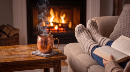 Obraz premium Cozy winter evening with person reading book by fireplace. Steaming copper mug with cinnamon on wooden table in warm living room.
