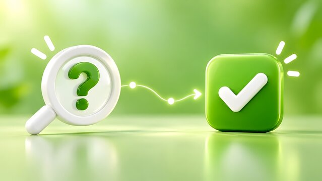 Conceptual image representing problem solving and customer support with a magnifying glass examining a question mark leading to a green checkmark