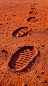 Astronaut boot prints on red desert surface. Concept for interplanetary space exploration and Mars mission.