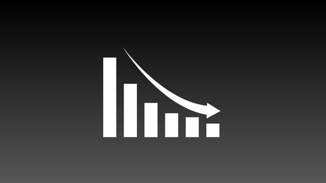 Declining Bar Chart with Curved Downward Arrow, Business Loss and Market Decrease Concept, Financial Statistics and Performance Reduction Graphic on Dark Gray Background.