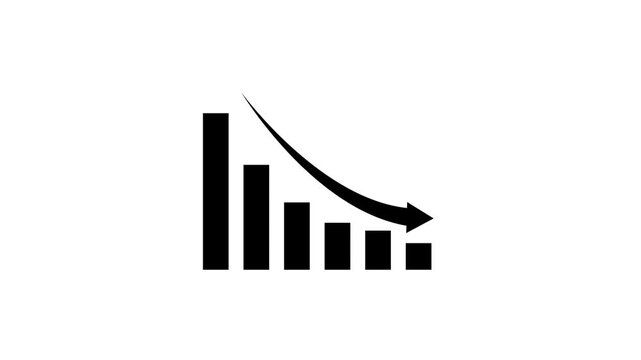 Declining Bar Chart with Curved Downward Arrow, Business Loss and Market Decrease Concept, Financial Statistics and Performance Reduction Graphic on white Background.