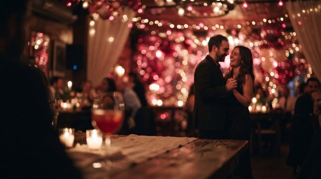 Couple Dancing Joyfully at a Romantic Evening Celebration with Bokeh Lights
