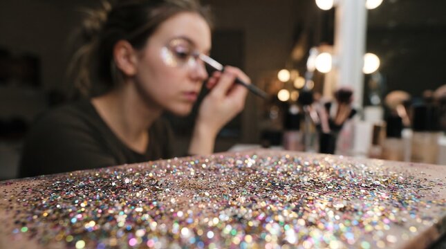 Woman applying glitter makeup with brush in front of vanity lights and makeup brushes