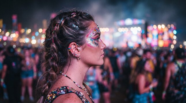 Woman with Glitter Makeup and Braids at a Music Festival at Night