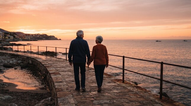 Elderly couple holding hands walking on a stone path by the sea at sunset