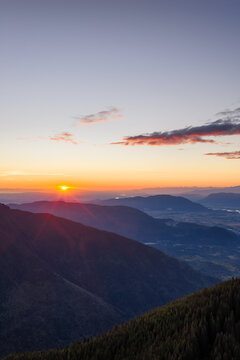 Sunrise Over Layered Mountain Valley Near Chilliwack BC Canada With Misty Morning Light