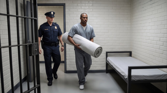 Correctional officer escorting inmate into prison cell. Male prisoner carrying rolled mattress during intake process at detention facility.