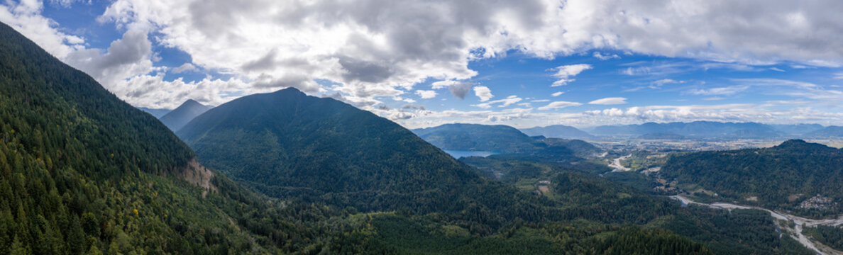 Panoramic Aerial View Of Forested Mountains And River Valley Near Chilliwack, BC, Canada