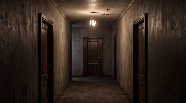 Dimly lit hallway in old apartment building with peeling wallpaper and wooden doors. Creepy interior of neglected residential corridor.