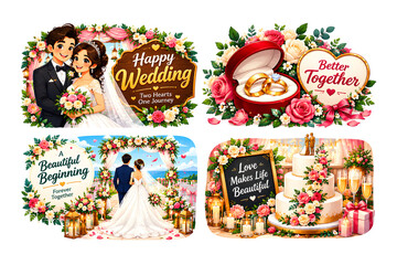 Obraz premium Elegant Wedding Vector Collection with Bride and Groom, Wedding Rings, Floral Arch, Cake, Flowers and Romantic Celebration Designs 