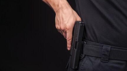 Obraz premium Law enforcement officer reaching for handgun in holster. Tactical gear and firearm readiness for public safety.