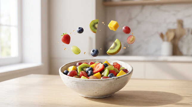 Fresh Floating Fruit Bowl with Falling Berries and Kiwi in Bright Kitchen