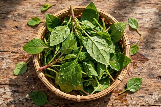 Fresh Indonesian spinach bayam in small bamboo basket on rustic wooden table