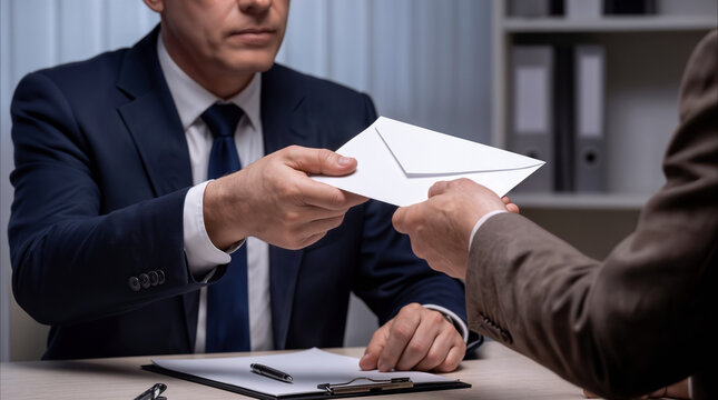 Anonymous hands passing white envelope across office desk. Corporate bribe or secret document exchange during business meeting.