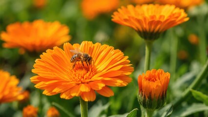Fototapeta premium Honeybee collecting nectar on a vibrant orange calendula (marigold) bloom in a sunlit garden