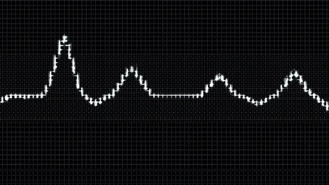 Bright white waveform continuously reshapes into sharp peaks and deep troughs while moving across a dark coordinate grid, creating a high-contrast abstract signal visualization