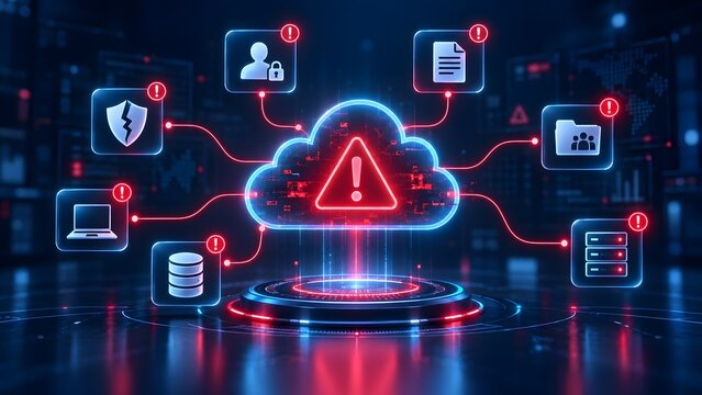 Glowing neon cloud with a red warning triangle inside surrounded by disconnected tech icons symbolizing a cloud security breach or data failure