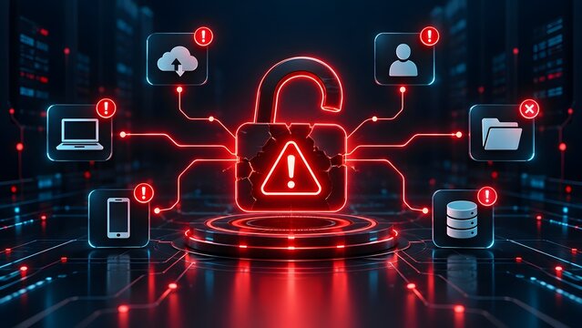 Glowing red broken padlock with a warning sign surrounded by digital icons representing a security breach data leak or compromised network system