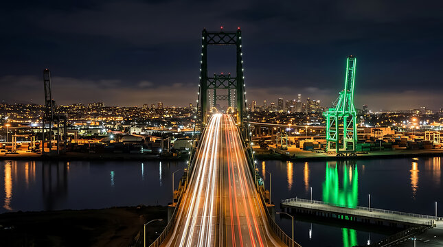 Aerial night view of the vincent thomas bridge in san pedro, california, with long exposure light trails from traffic and a green port crane