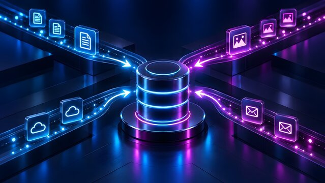 Dual data streams converging into a central database server from blue and purple pathways, carrying block icons representing cloud media 