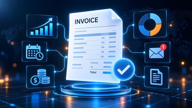 Glowing digital invoice and financial analytics concept featuring holographic charts payment successful checkmark and business management icons