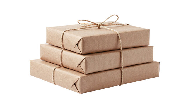 Stack of three handcrafted gift packages wrapped in brown paper with twine and bow on white background