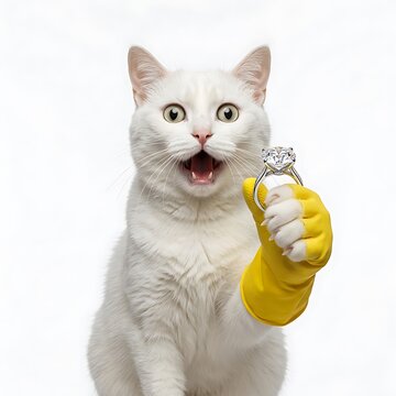 Funny Cat Meme Holding Diamond Ring Proposal Shocked White Background
