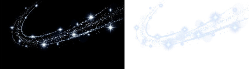 PNG image of a glowing blue magic sparkle trail with stars, isolated on transparent background for creative graphic design overlays. © Tatyana