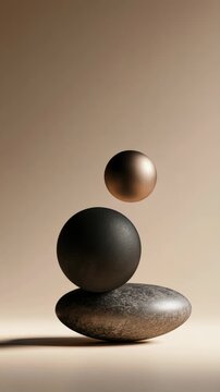 Balanced dark spheres and a textured stone form in minimalist style on a warm beige background, expressing harmony and stability