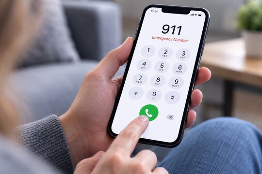 Hand pressing green call button to dial 911 on a smartphone touchscreen, close-up in a living room
